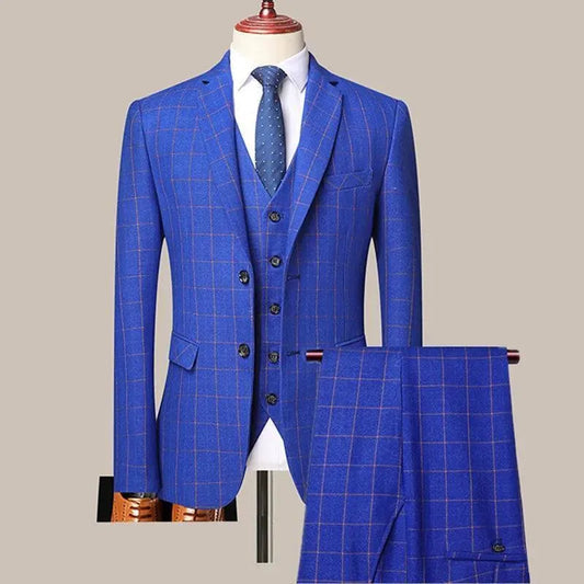 3-Piece Blue Plaid Suit for Men - Business Style -Guocali