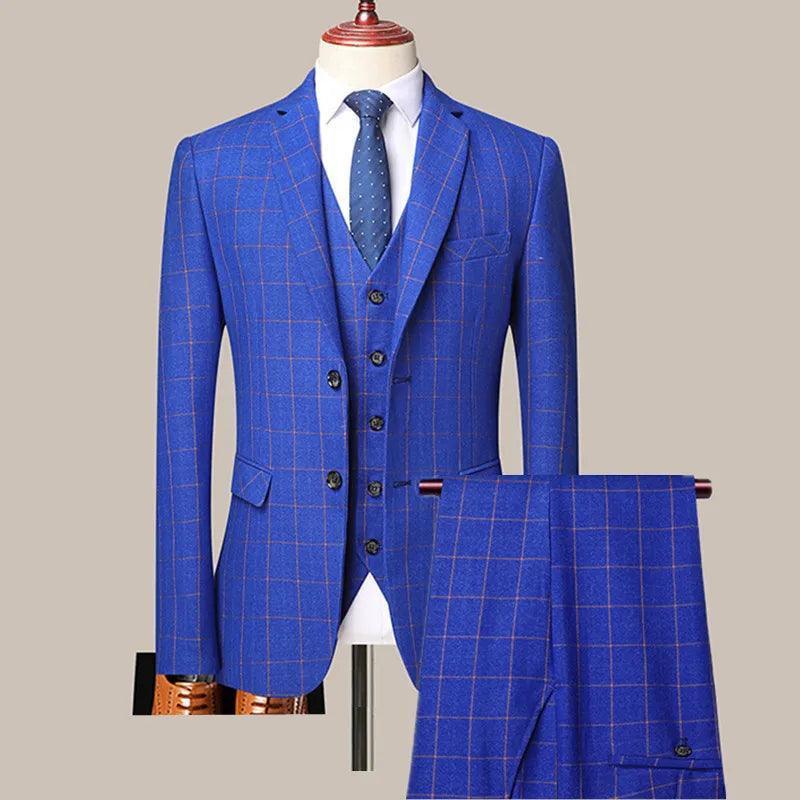 3-Piece Blue Plaid Suit for Men - Business Style - Checked Suit - Guocali