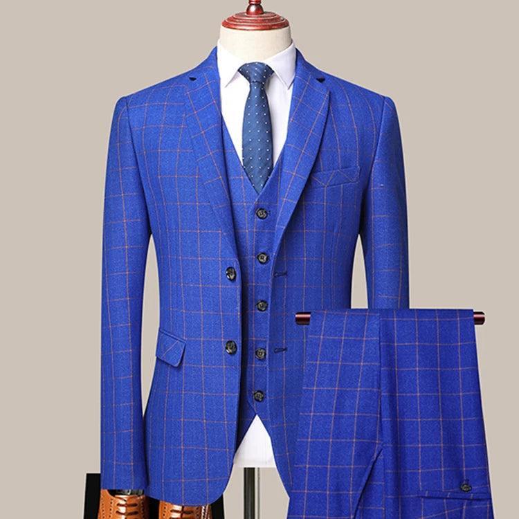 3-Piece Blue Plaid Suit for Men - Business Style - Checked Suit - Guocali