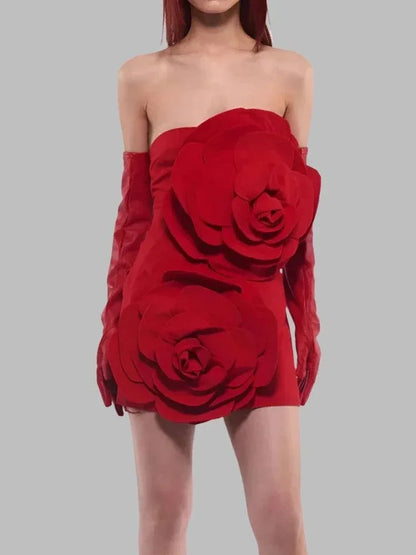 3D Floral Strapless Short Party Dress -Guocali