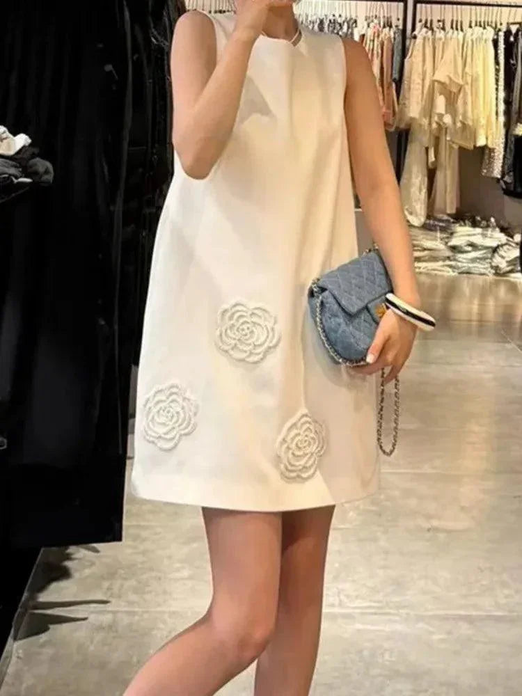 3D Flower Solid Sleeveless Party Dress -Guocali