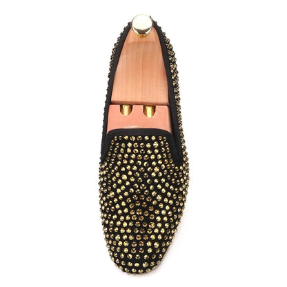 Gold Crystal Suede Loafer Shoes for Women