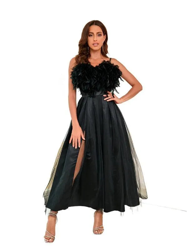 Ladies Feather Sling Mesh Party Dress