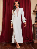 Ladies Slit Feather Party Dress