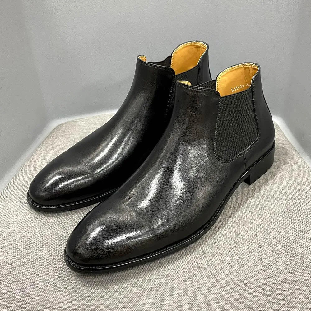 Men's Boots - Block Ankle Boots - Leather