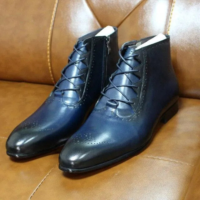 Men's Boots - Block Ankle Boots - Leather
