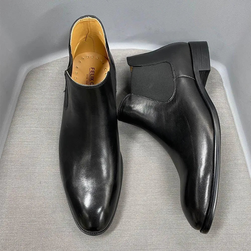 Men's Boots - Block Ankle Boots - Leather