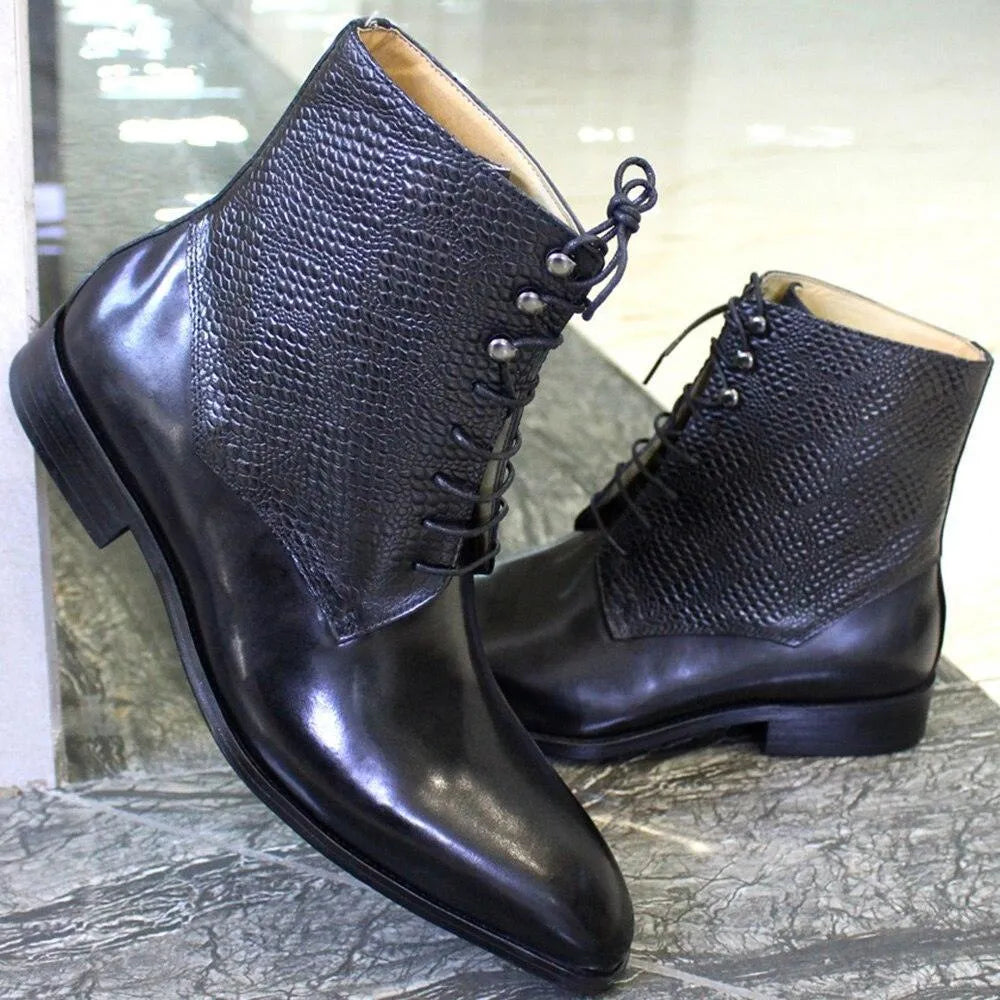 Men's Boots - Block Ankle Boots - Leather