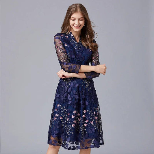 Embroidered V-Neck Floral Knee-Length Dress