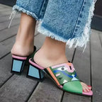Women Graffiti Print Block Heel Sandals