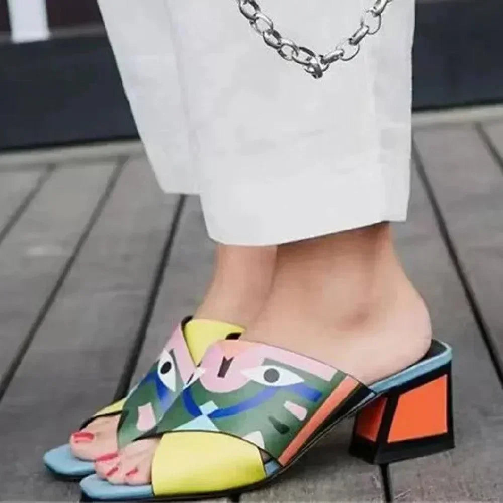 Women Graffiti Print Block Heel Sandals