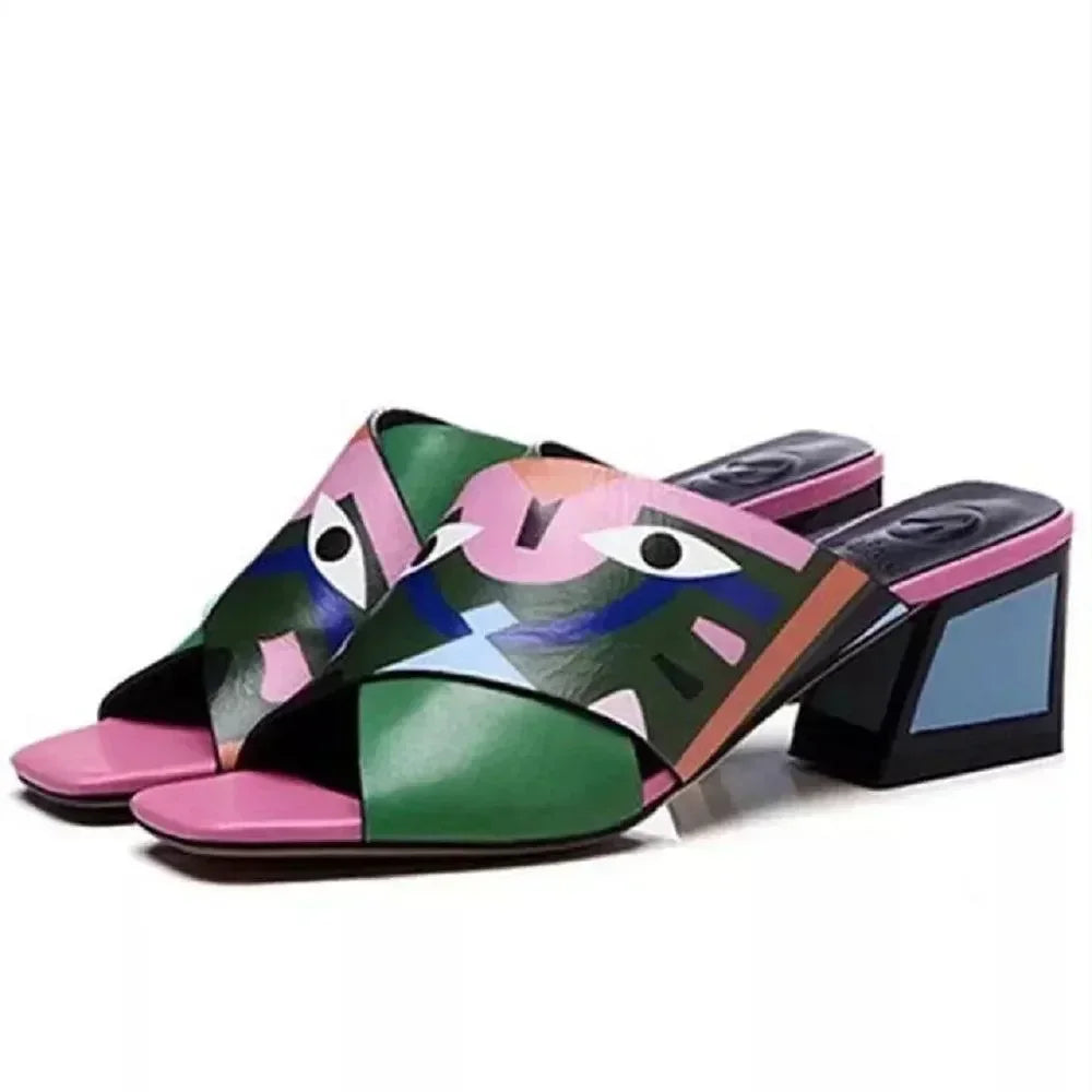 Women Graffiti Print Block Heel Sandals