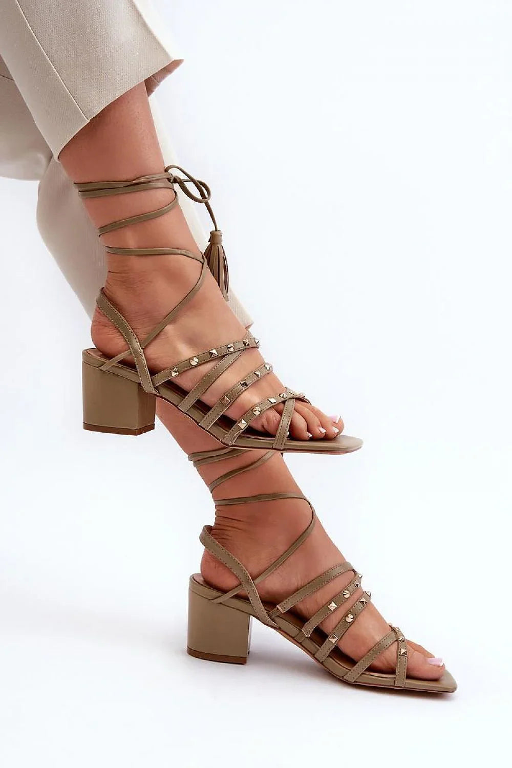 Women Lace-Up Caged Block Heel Sandals