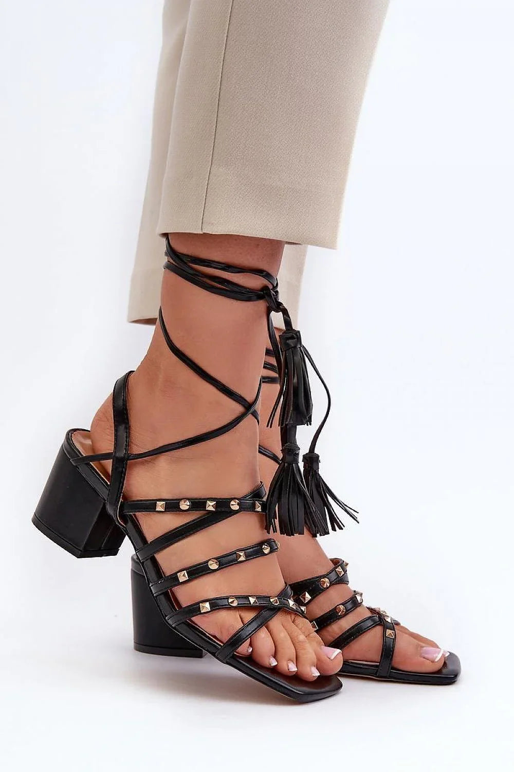 Women Lace-Up Caged Block Heel Sandals