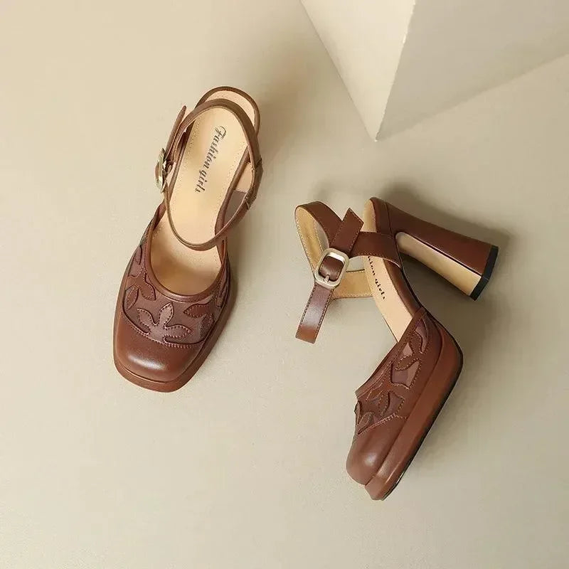 Women Leather Floral Block Heel Sandals