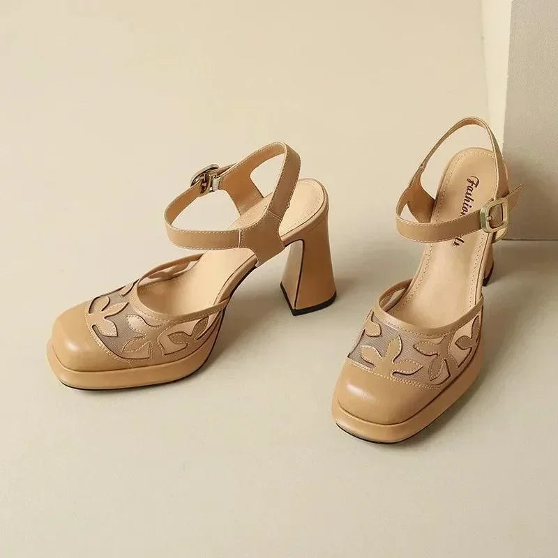 Women Leather Floral Block Heel Sandals