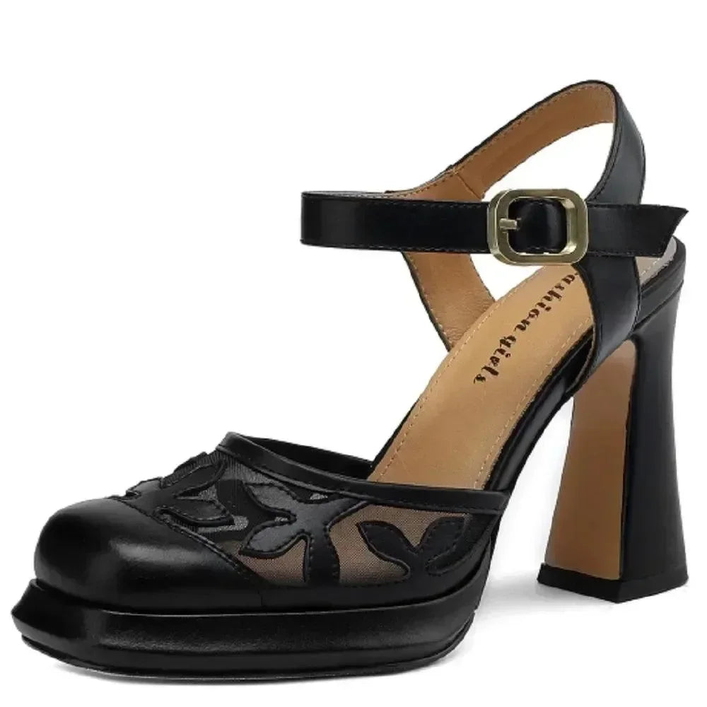 Women Leather Floral Block Heel Sandals