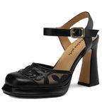 Women Leather Floral Block Heel Sandals