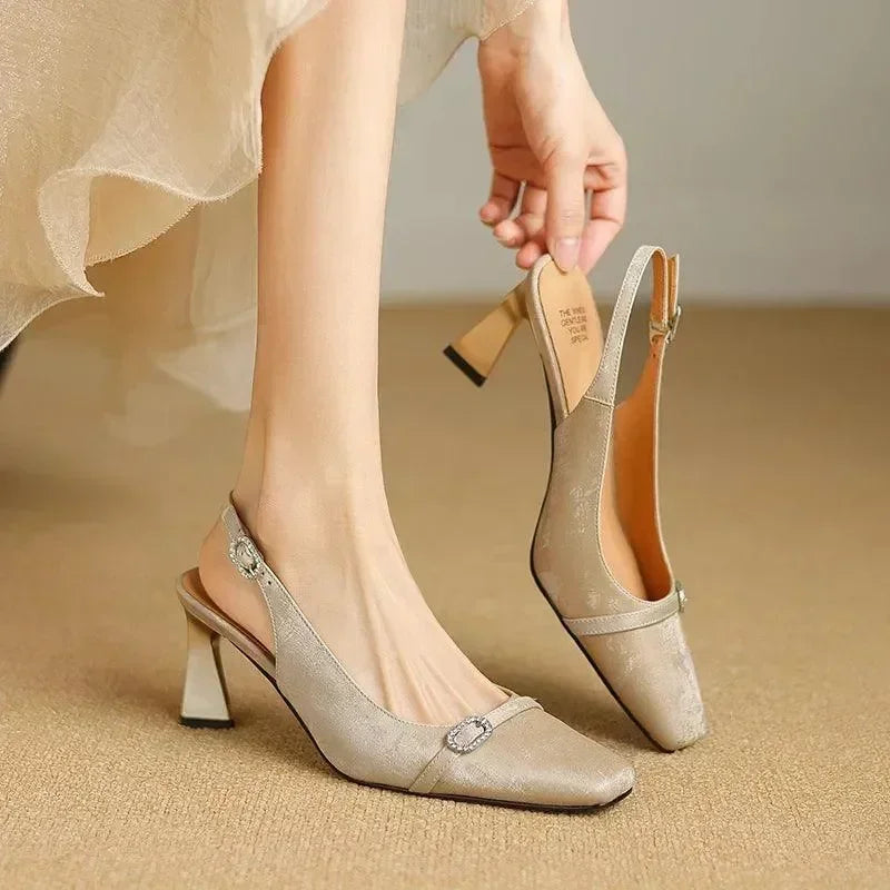 Women Leather Slingback Block Heel Sandals