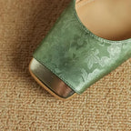 Women Leather Square Toe Block Heel Sandals