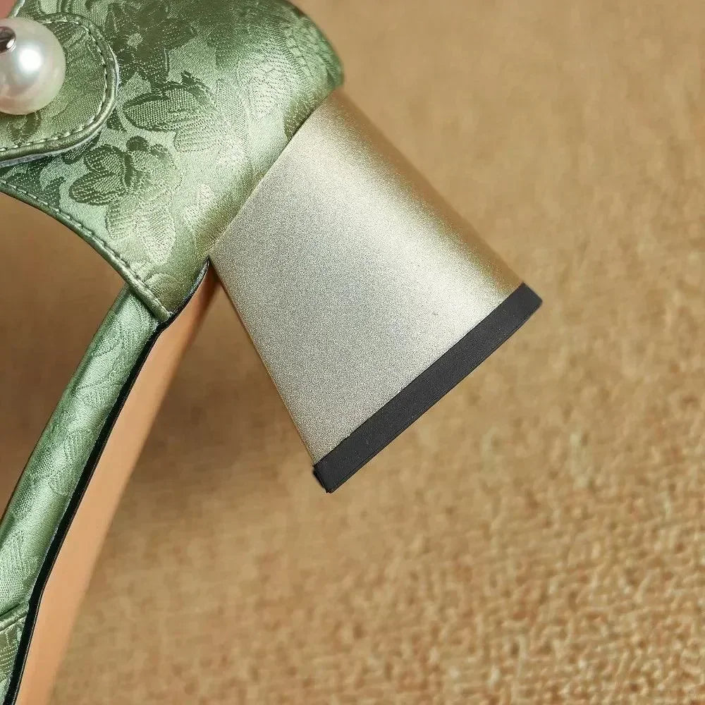 Women Leather Square Toe Block Heel Sandals