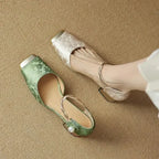 Women Leather Square Toe Block Heel Sandals