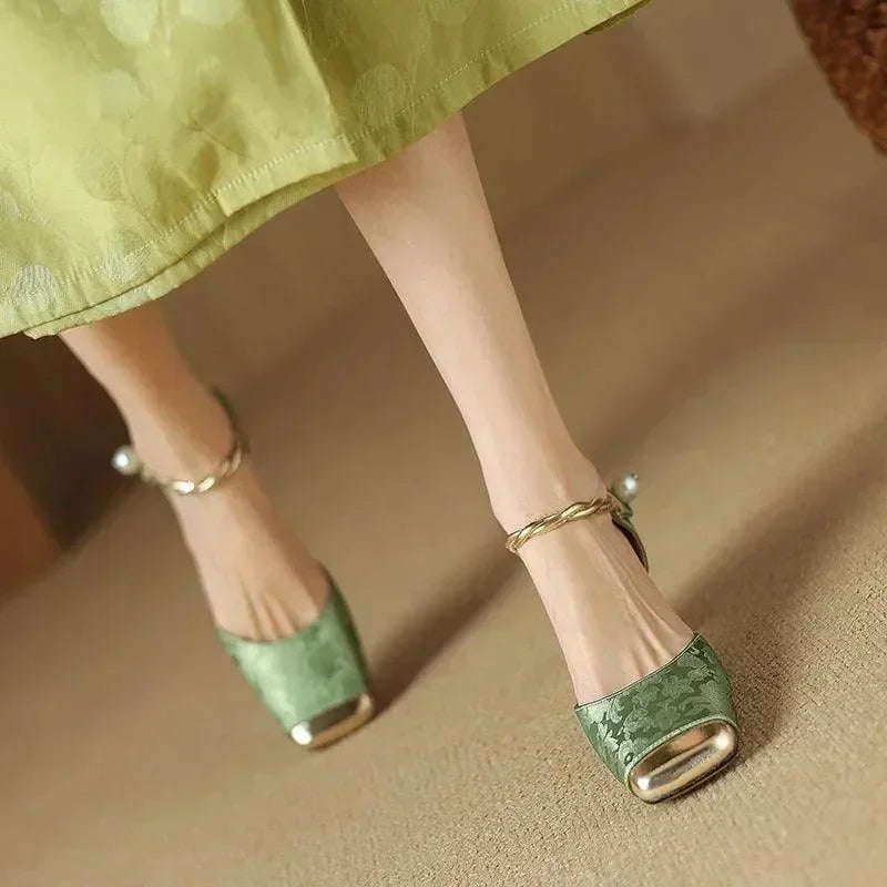 Women Leather Square Toe Block Heel Sandals