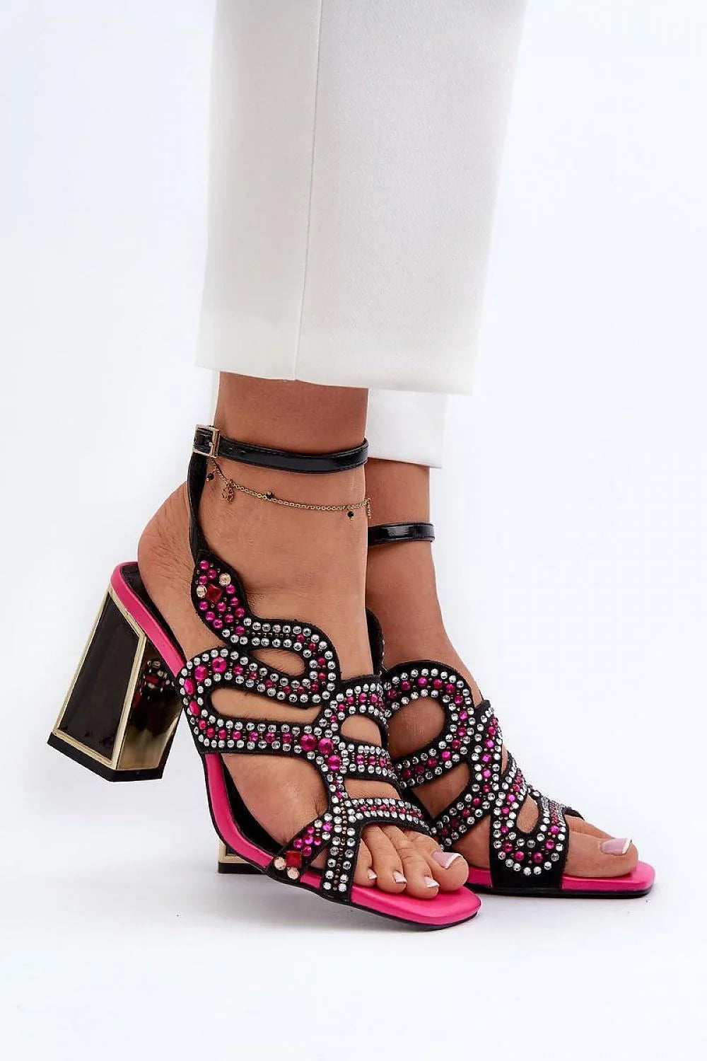Women Rhinestone Block Heel Evening Sandals