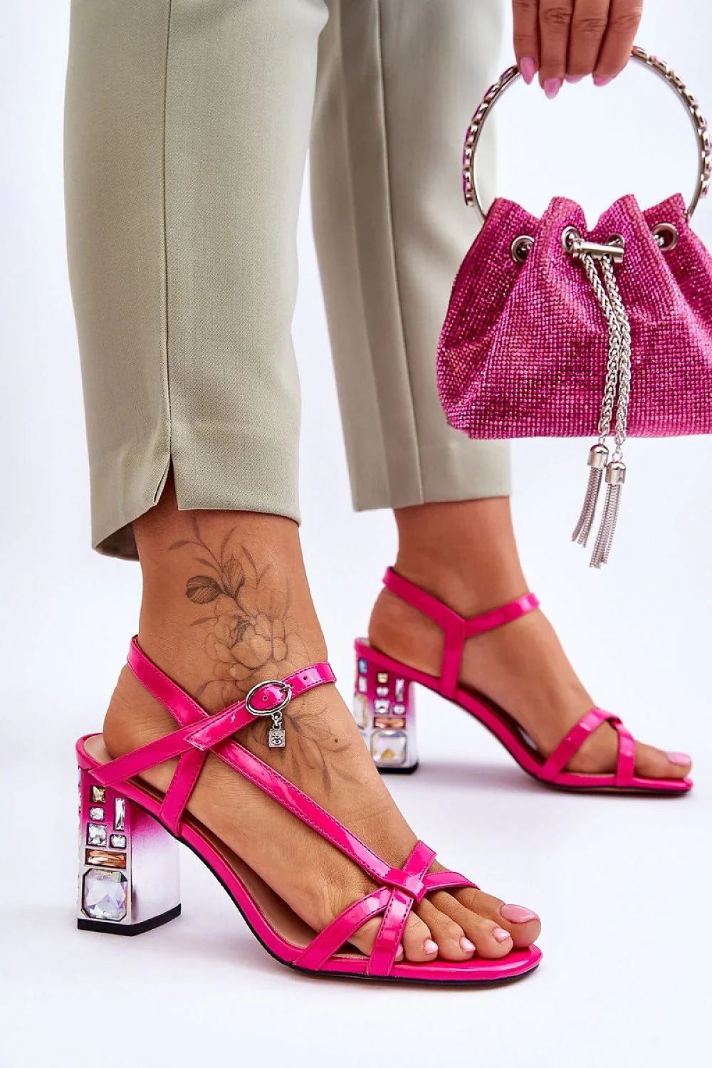 Women Rhinestone Strappy Block Heel Sandals