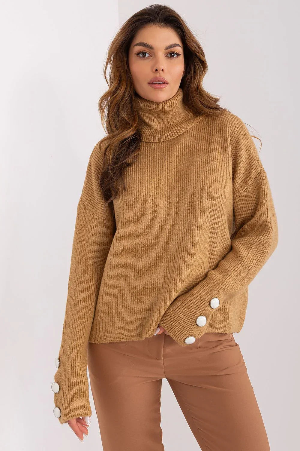 Women Ribbed Button-Cuff Turtleneck Sweater