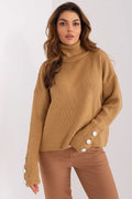 Women Ribbed Button-Cuff Turtleneck Sweater