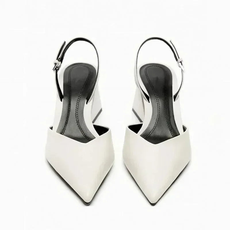 Women White Pointed Toe Ankle Strap Block Heel Shoes