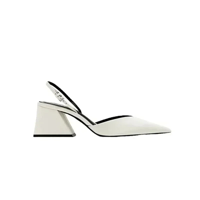 Women White Pointed Toe Ankle Strap Block Heel Shoes