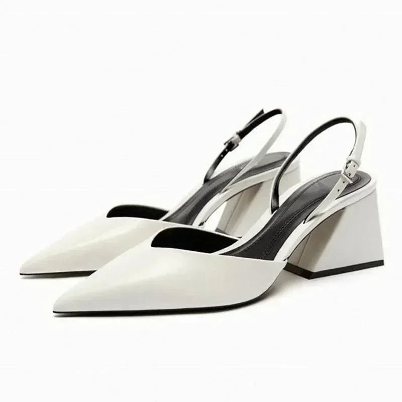 Women White Pointed Toe Ankle Strap Block Heel Shoes