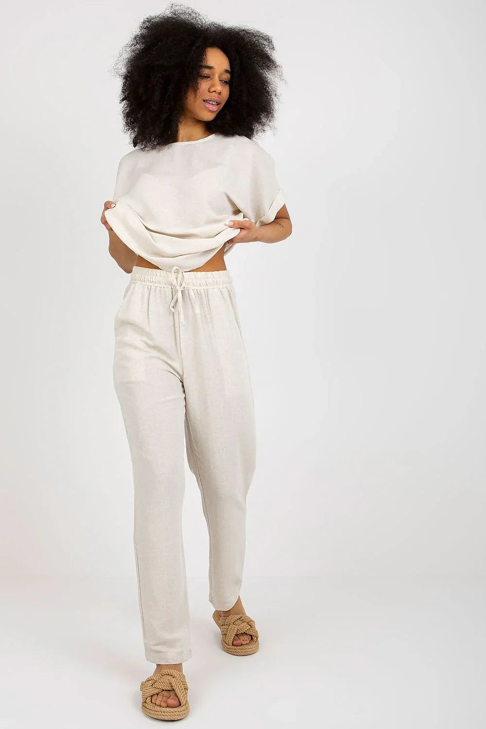 Women’s Linen Blend Blouse and Straight Leg Pants Set