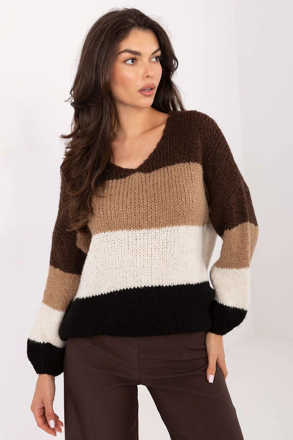 Women's Slouchy Striped Oversized V-Neck Pullover Sweater
