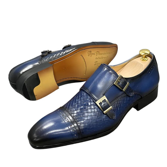 Men's blue woven leather double monk strap dress shoes with black toe cap