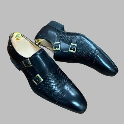 Black leather monk strap men's dress shoes with woven pattern and double buckles
