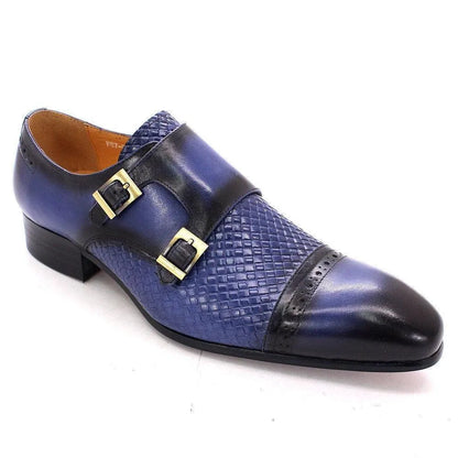 Blue monk strap men's dress shoe with textured leather and double buckle detail