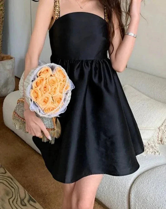 Beaded Slash Neck High Waist Suspender Dress -Guocali