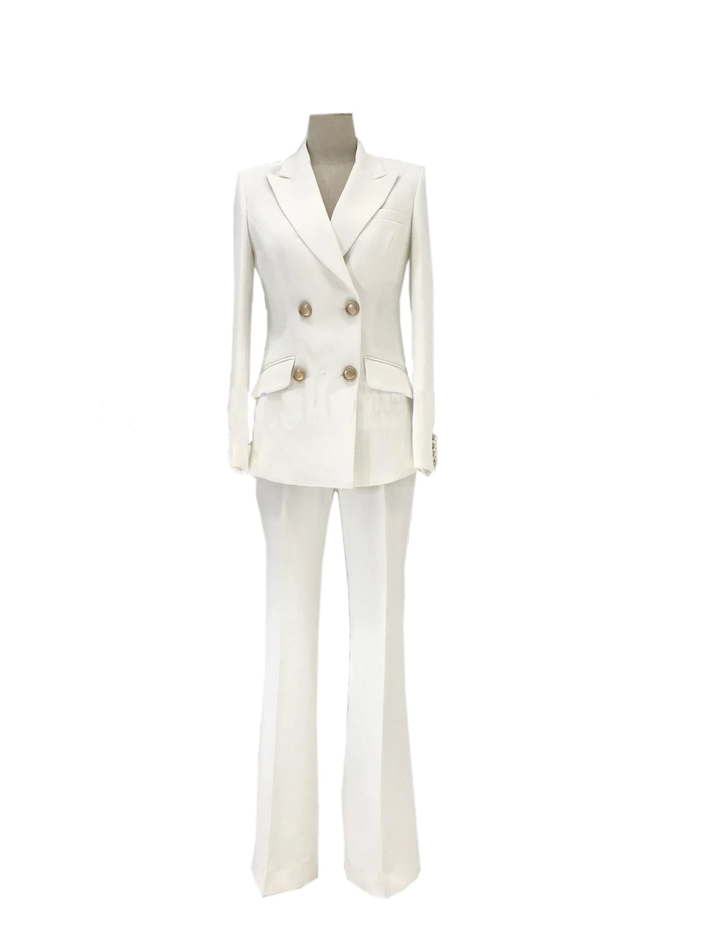 White double-breasted bell bottom pant suit on mannequin, formal women's fashion