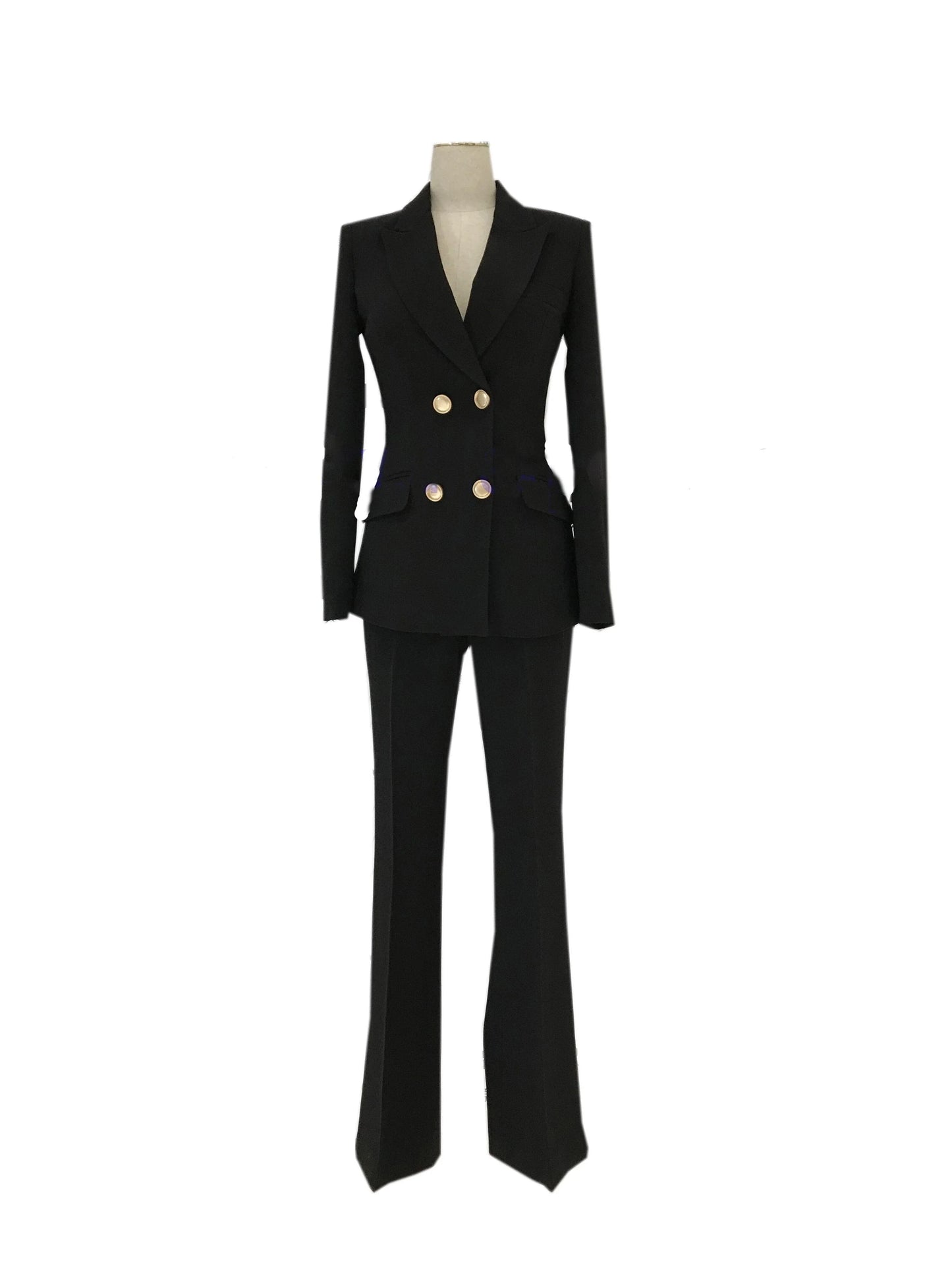 Black bell bottom double-breasted pant suit with gold buttons on mannequin