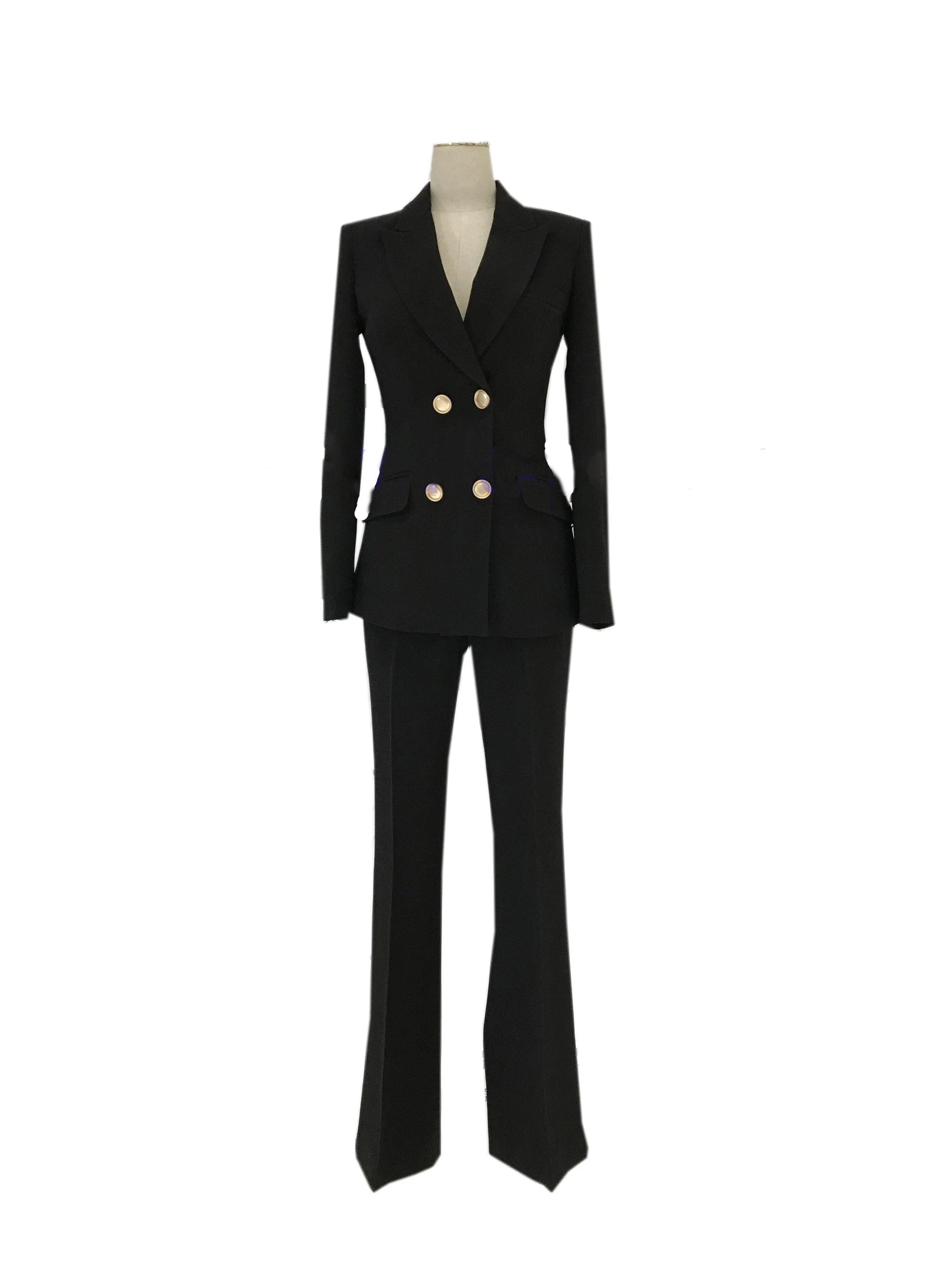 Black bell bottom double-breasted pant suit with gold buttons on mannequin