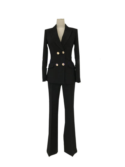 Black bell bottom double-breasted pant suit with gold buttons on mannequin