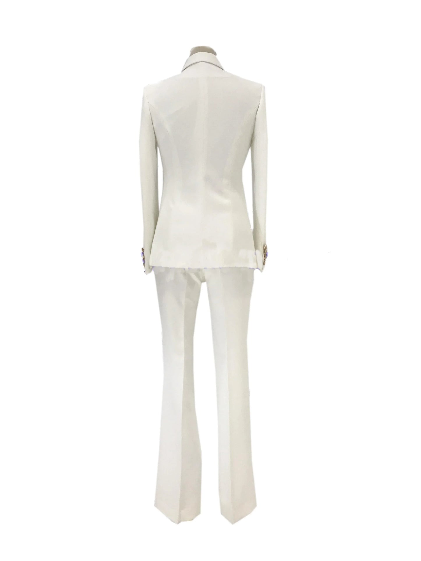 Back view of white double-breasted bell bottom pantsuit on mannequin