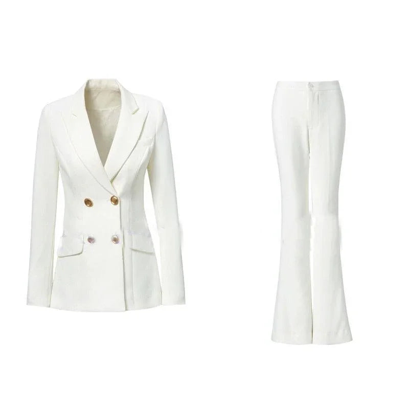 White double-breasted blazer and bell bottom pants suit set on white background
