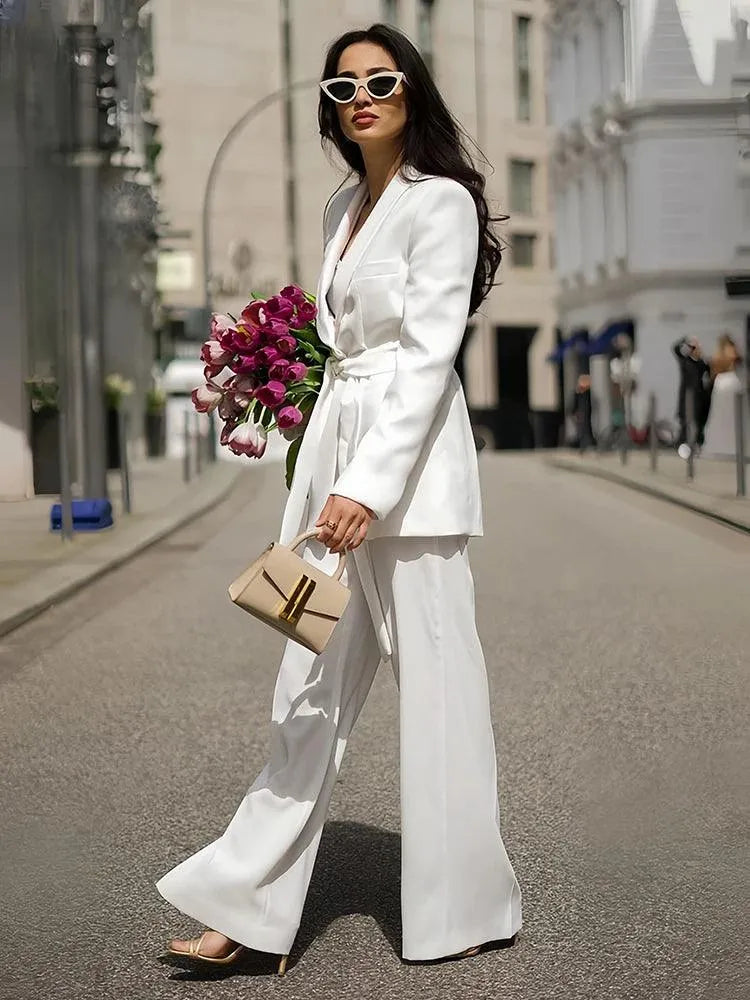 Belted High Waist Wide Leg Pant Suit -Guocali