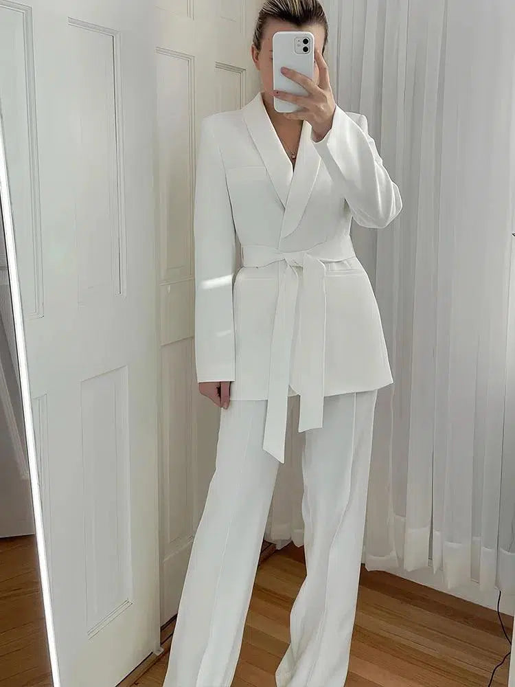 Belted High Waist Wide Leg Pant Suit - Pantsuit - Guocali