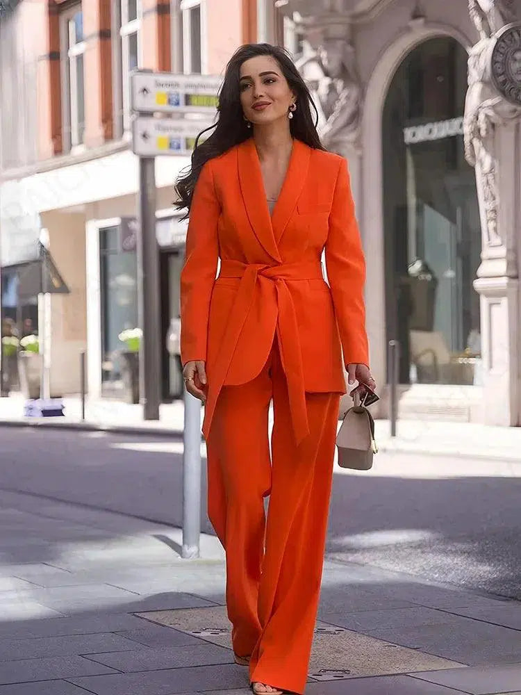 Belted High Waist Wide Leg Pant Suit - Pantsuit - Guocali