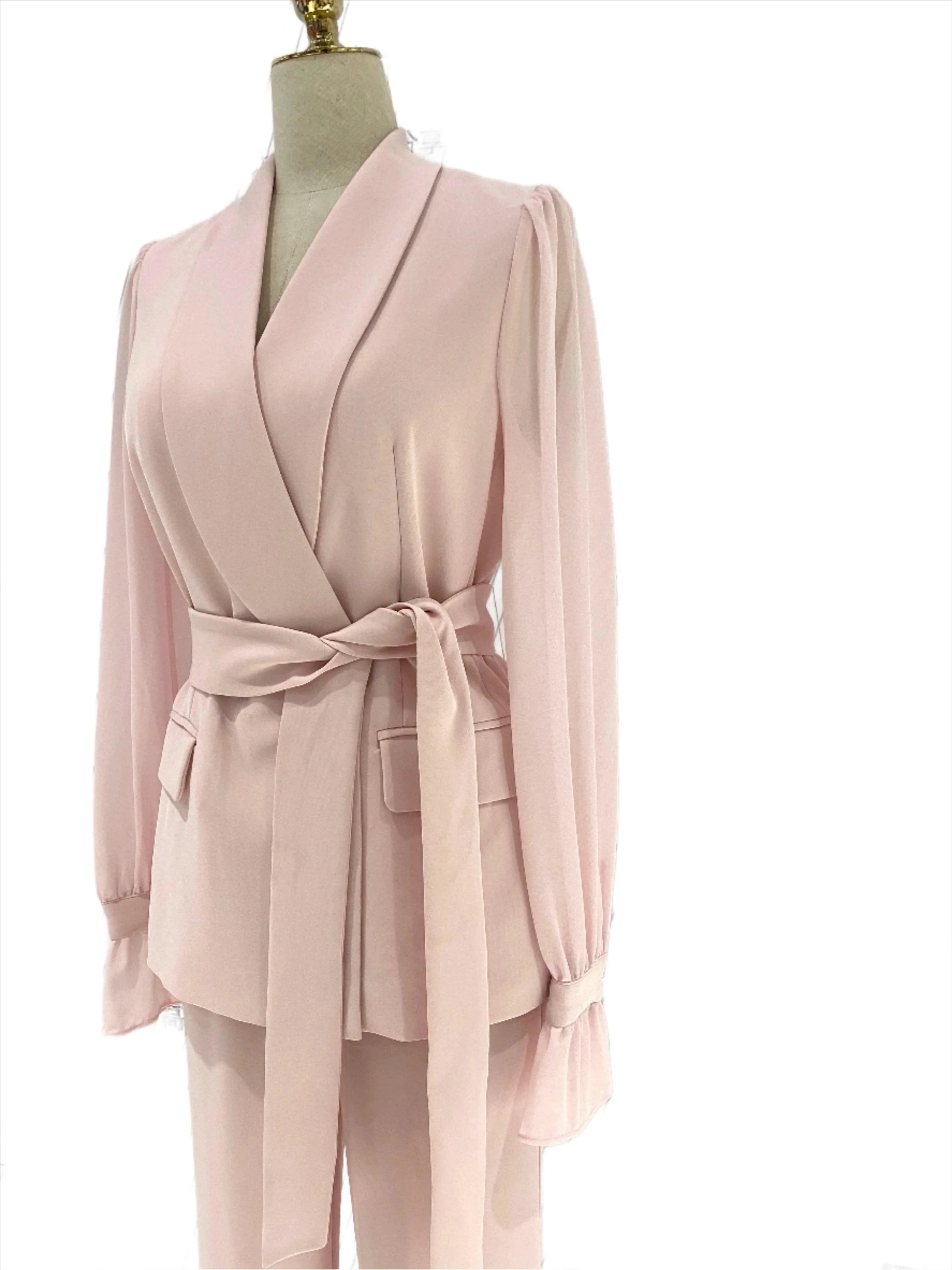 Belted Women Pant Suit, Spliced Sleeves -Guocali